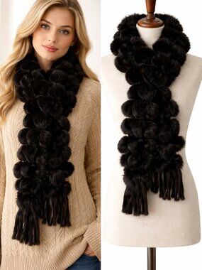 Chocolate Brown Fur Pom Pom Scarf Plush PomPom Fur Tassel Ends Luxury Wrap